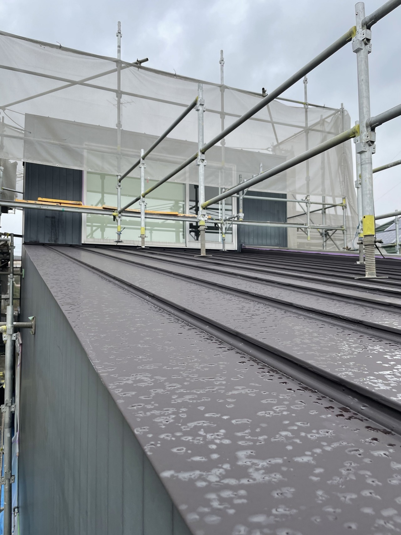 ガルバリウム鋼板塗装作業中の屋根