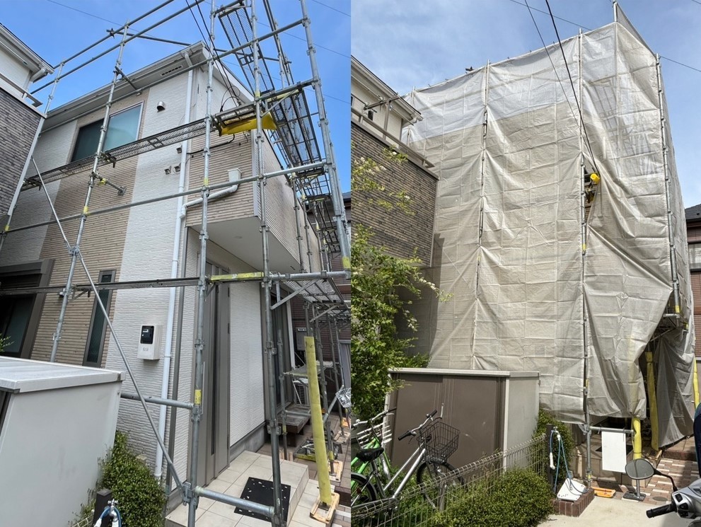 小平市リフォームワークスの施工事例：屋根塗装・外壁塗装の足場